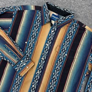 VTG Wrangler Western Shirt 2XL Blue Aztec Brushpopper Pearl‎ Snap Cowboy Rodeo